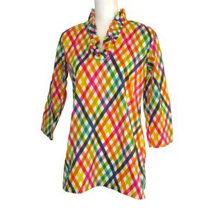 Haley & The Hound 100% Cotton Ruffle Neck Colorful Plaid Tunic Size S